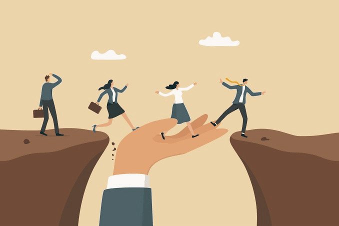 Illustration of a giant hand helping business people cross the gap between two cliffs