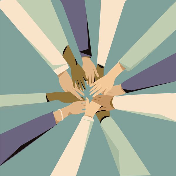 Illustration of many hands of different skin tones reaching into the centre of a circle and joining together