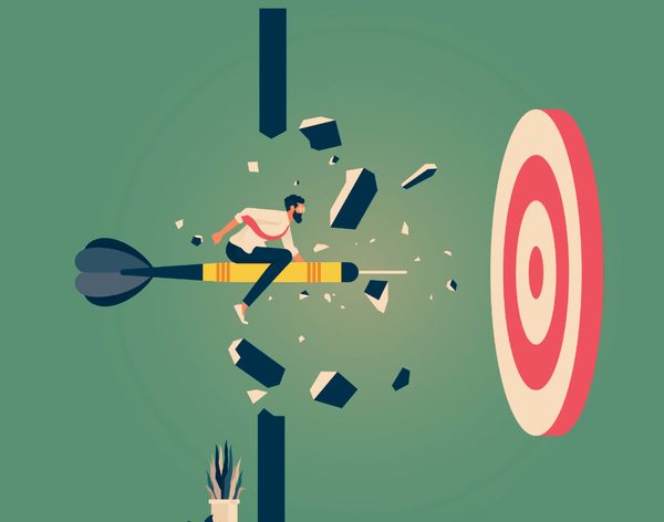 Illustration of a person riding a dart through a broken wall towards a target