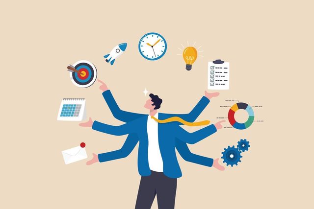 Illustration of a business person with many arms juggling a target, clock, rocket, light bulb, calendar, chart and other work icons