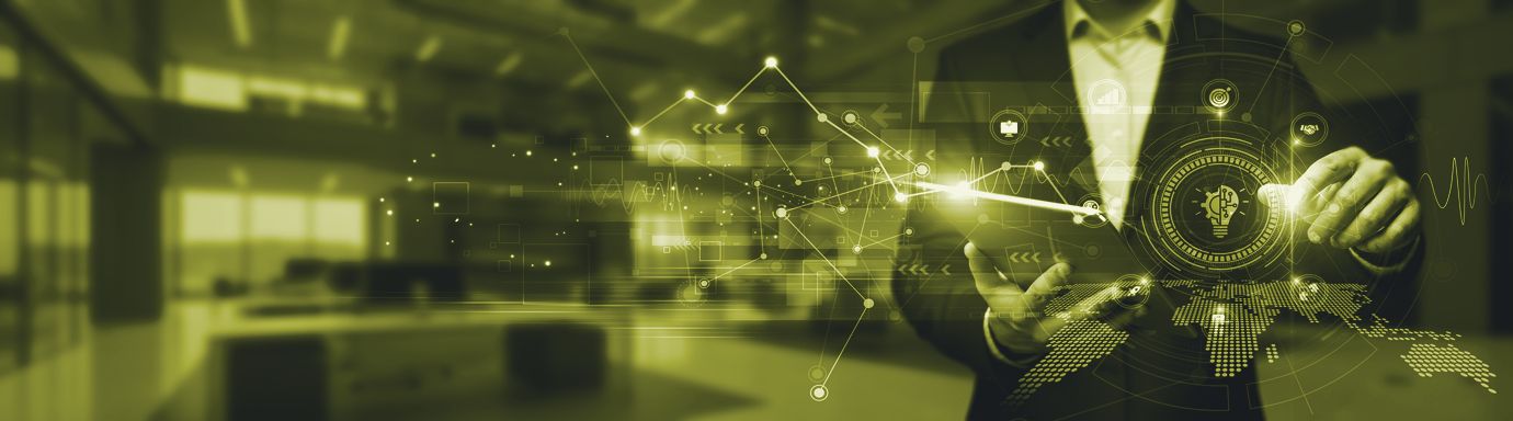 A business leader holding a tablet with glowing olive-green digital charts, network lines and a world map, representing AI in the workplace