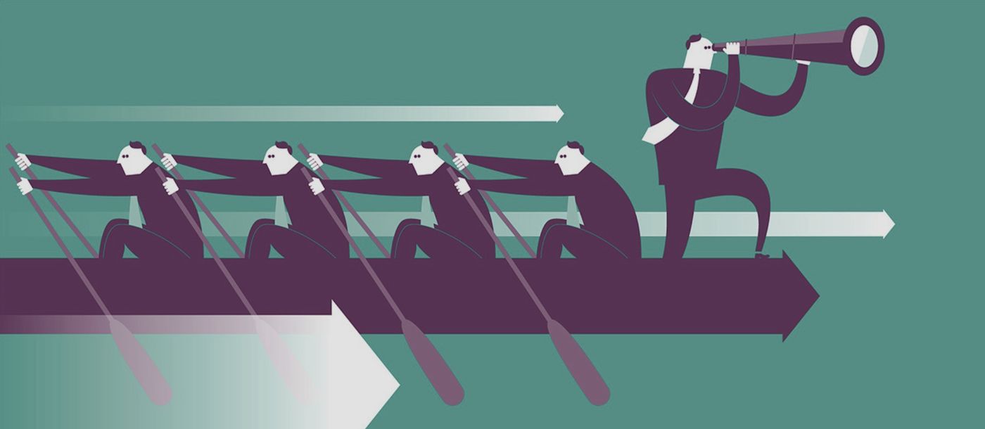 Illustration of a team rowing forward on a large arrow while their leader stands ahead looking through a telescope